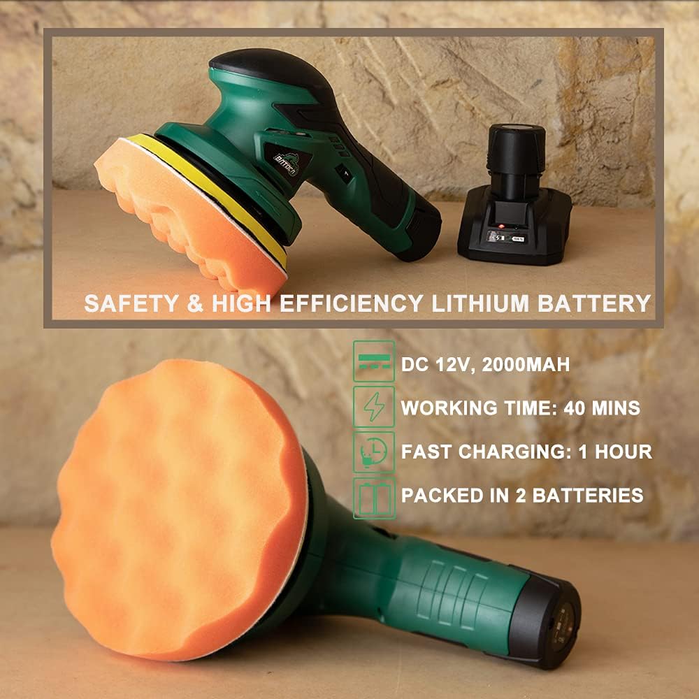 Cordless Car Buffer Polisher with 2pcs 12V Lithium Rechargeable Battery Brushless Polisher with Variable Speed, 2.0Ah Portable Buffer Kit D293535