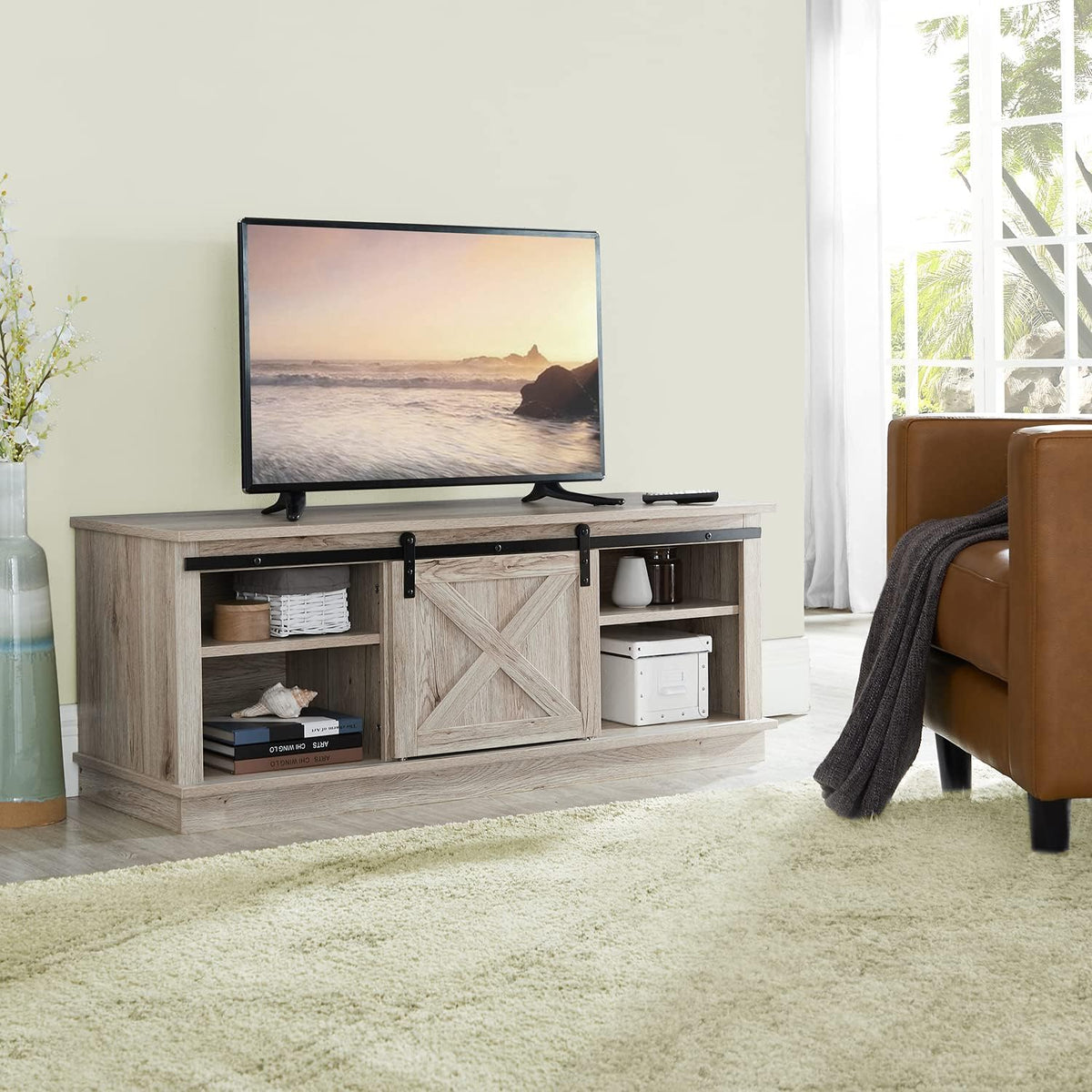 Grey Sliding Barn Door TV Stand with Storage Cabinet and Shelves N7147