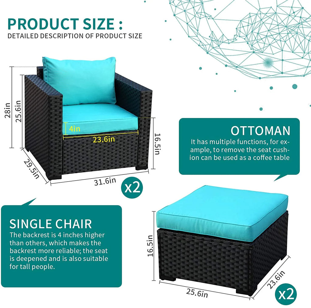 Black Rattan 4 Piece Outdoor Wicker Sectional Sofa with Turquoise Cushions S613