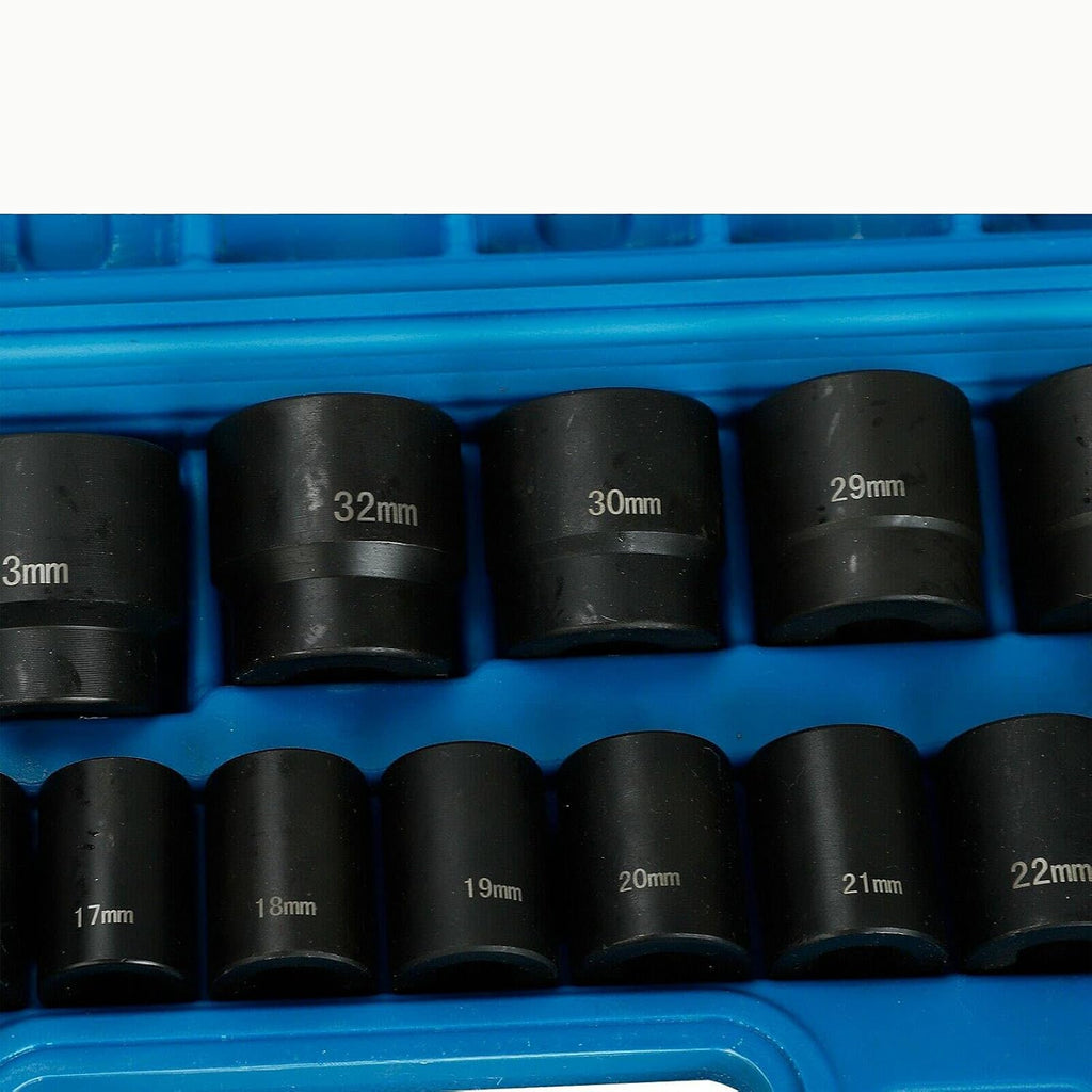 26 Piece 1/2 In Drive 6 Point Standard Impact Socket Set Deep Length Metric Sizes 10mm-36mm Storage Case X895932