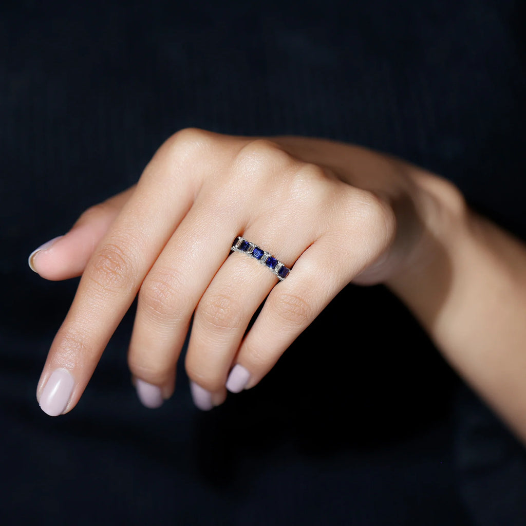 Lab Created Blue Sapphire Half Eternity Ring with Diamond - 2 CT, 14K White Gold, US 6.00 L617