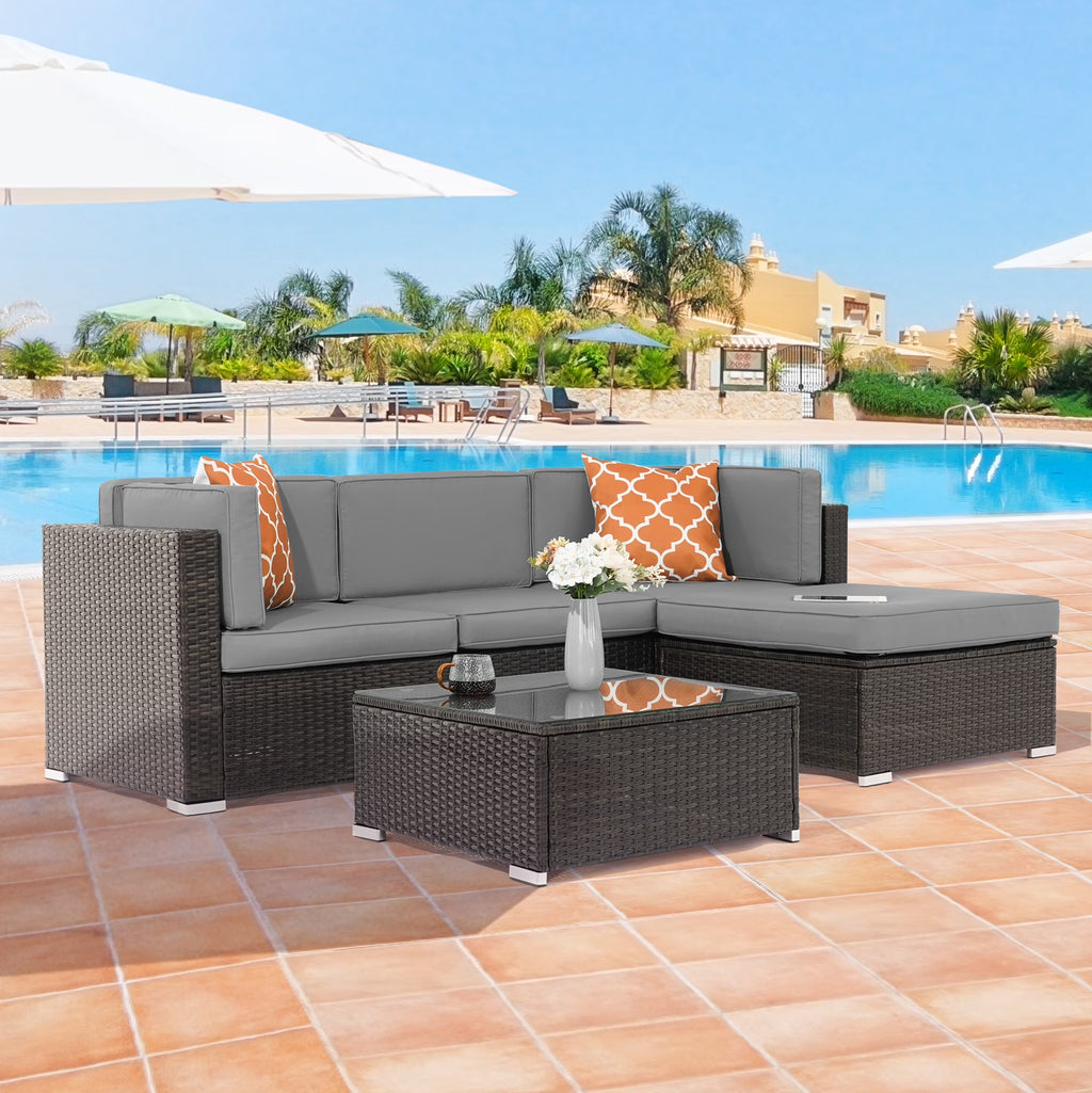 5 Pcs Gray PE Wicker Sectional Sofa Set with Tea Table and Ottoman M232