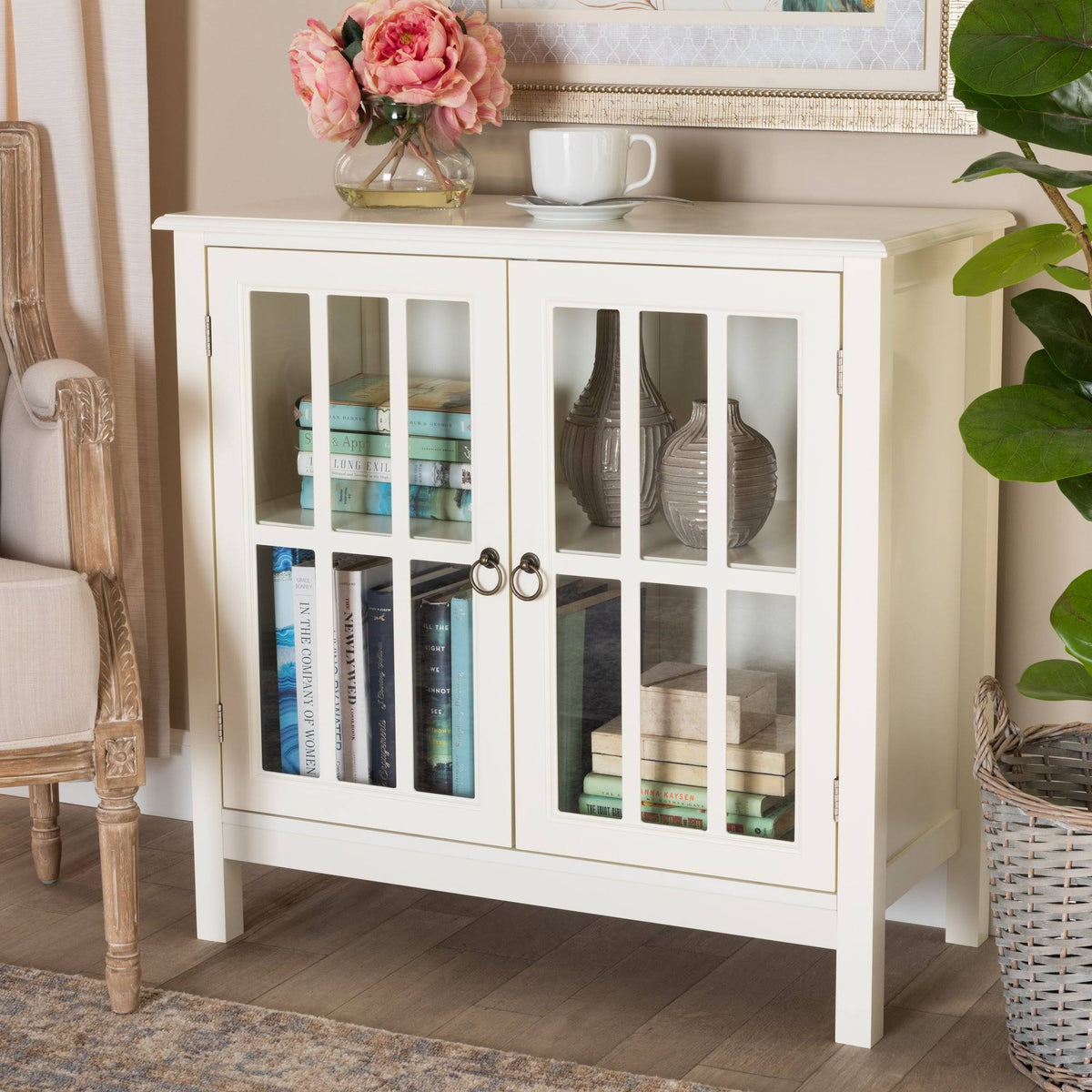 White Finished Wood and Glass Kitchen Storage Cabinet X5734