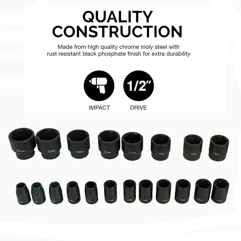 26 Piece 1/2 In Drive 6 Point Standard Impact Socket Set Deep Length Metric Sizes 10mm-36mm Storage Case X895932