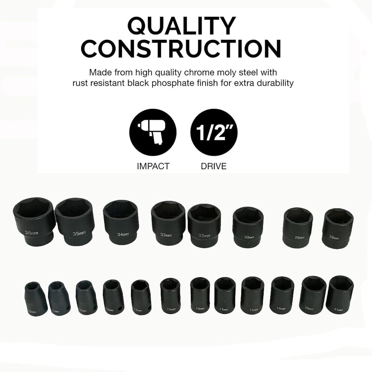 26 Piece 1/2 In Drive 6 Point Standard Impact Socket Set Deep Length Metric Sizes 10mm-36mm Storage Case X895932