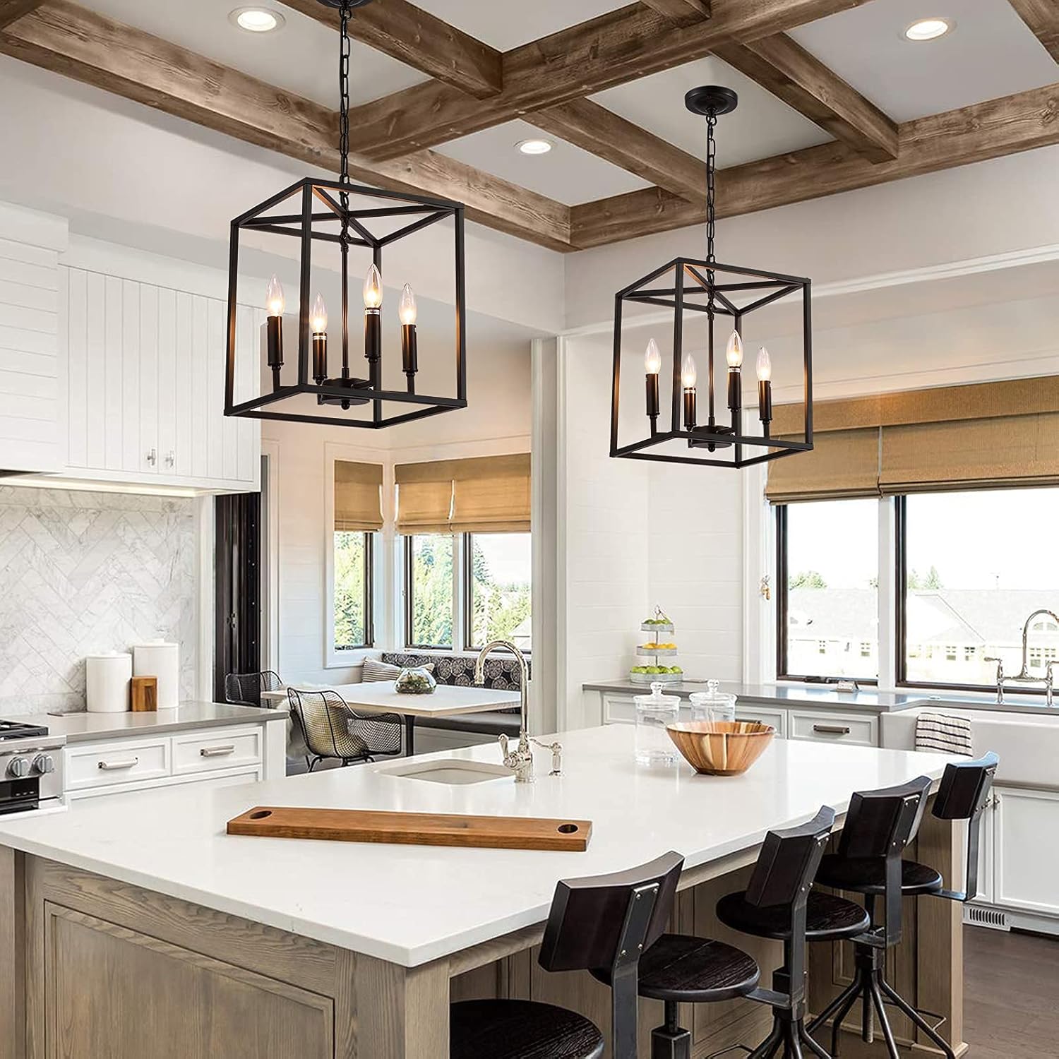 Matte Black 4-Light Metal Cage Pendant Light Chandelier D2674