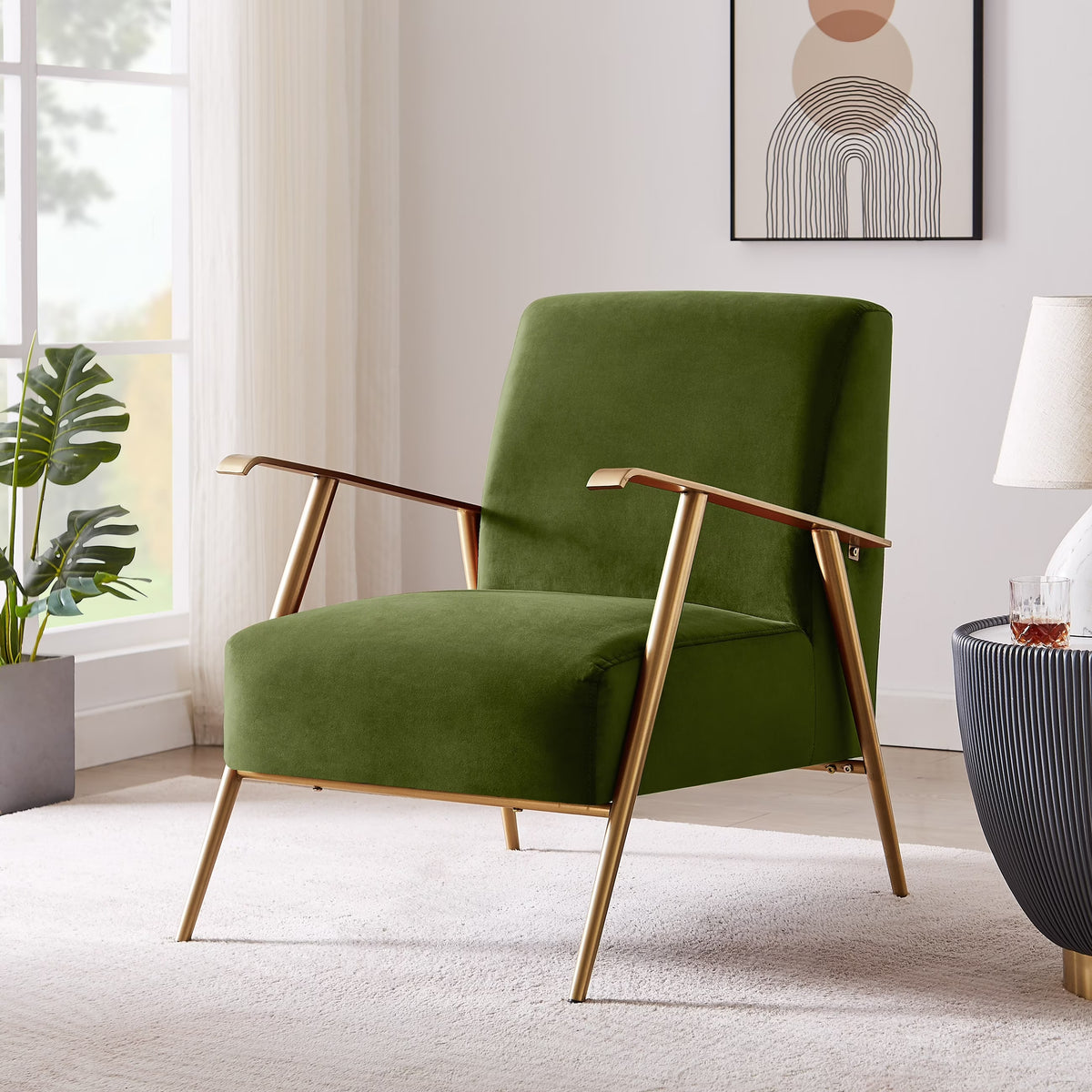 Olive Velvet Armchair with Gold Frame N644960
