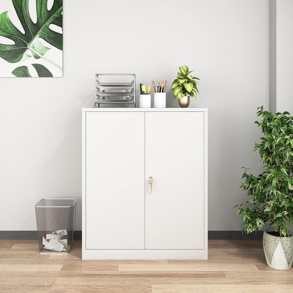 White Metal Storage Cabinet with Doors and 2 Adjustable Shelves O591