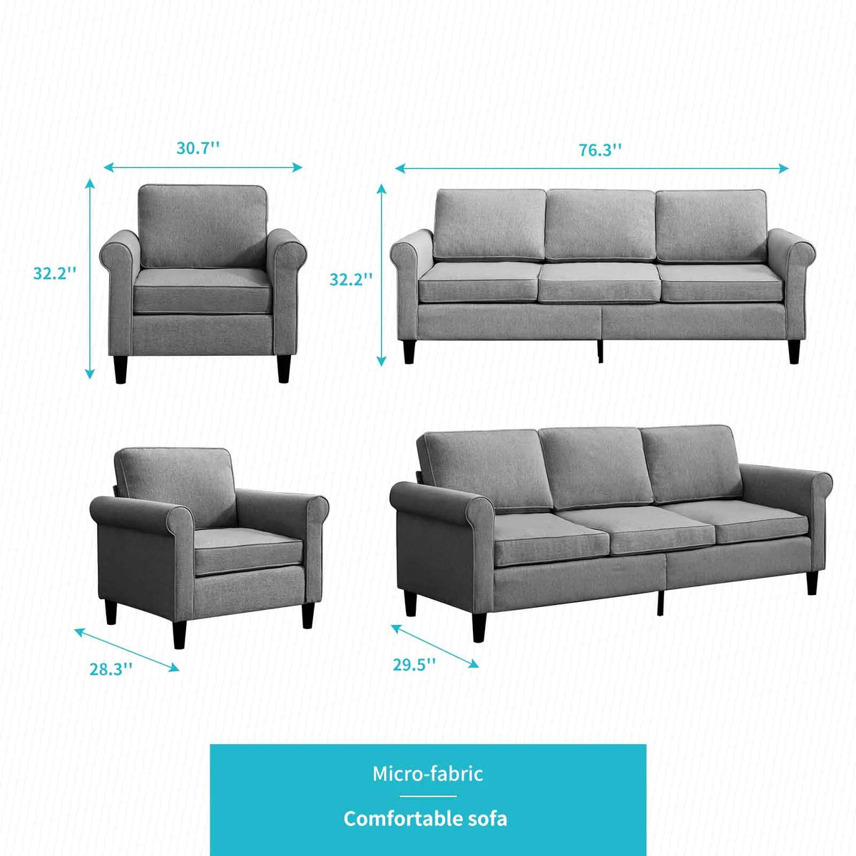 Dark Grey 2 Pieces Modular Sleeper Loveseat with 3-Seat Sofa and Single Sofa C72226
