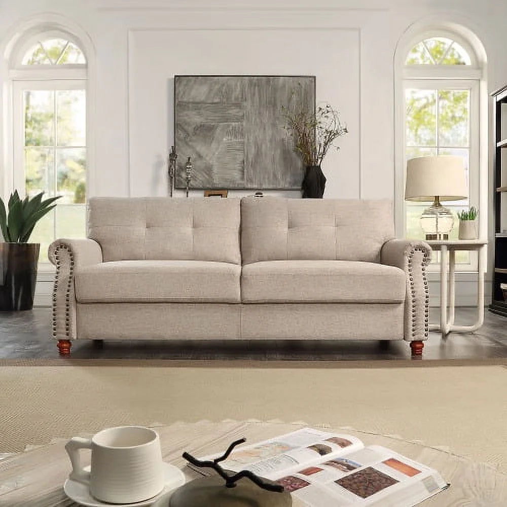 Beige Linen Upholstered Storage Sofa with Tufted Cushions C59978