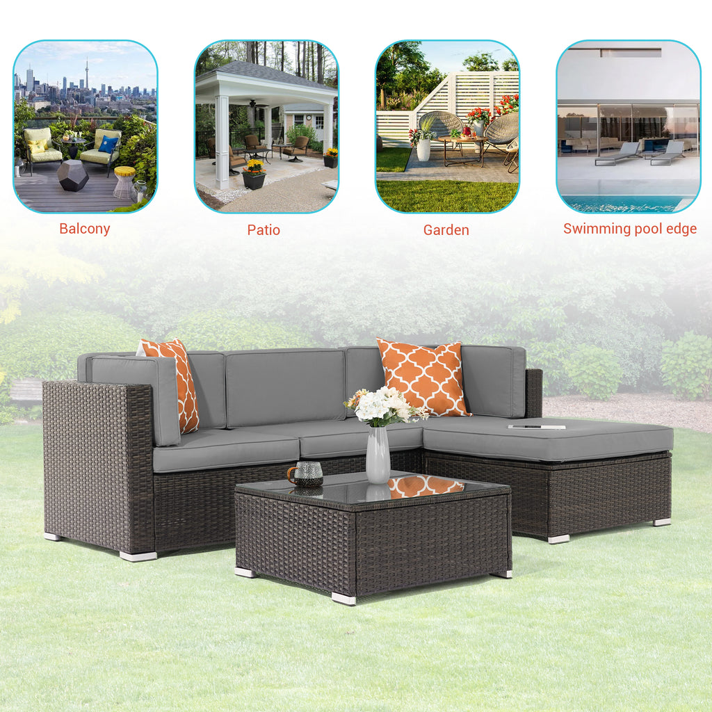 5 Pcs Gray PE Wicker Sectional Sofa Set with Tea Table and Ottoman M232