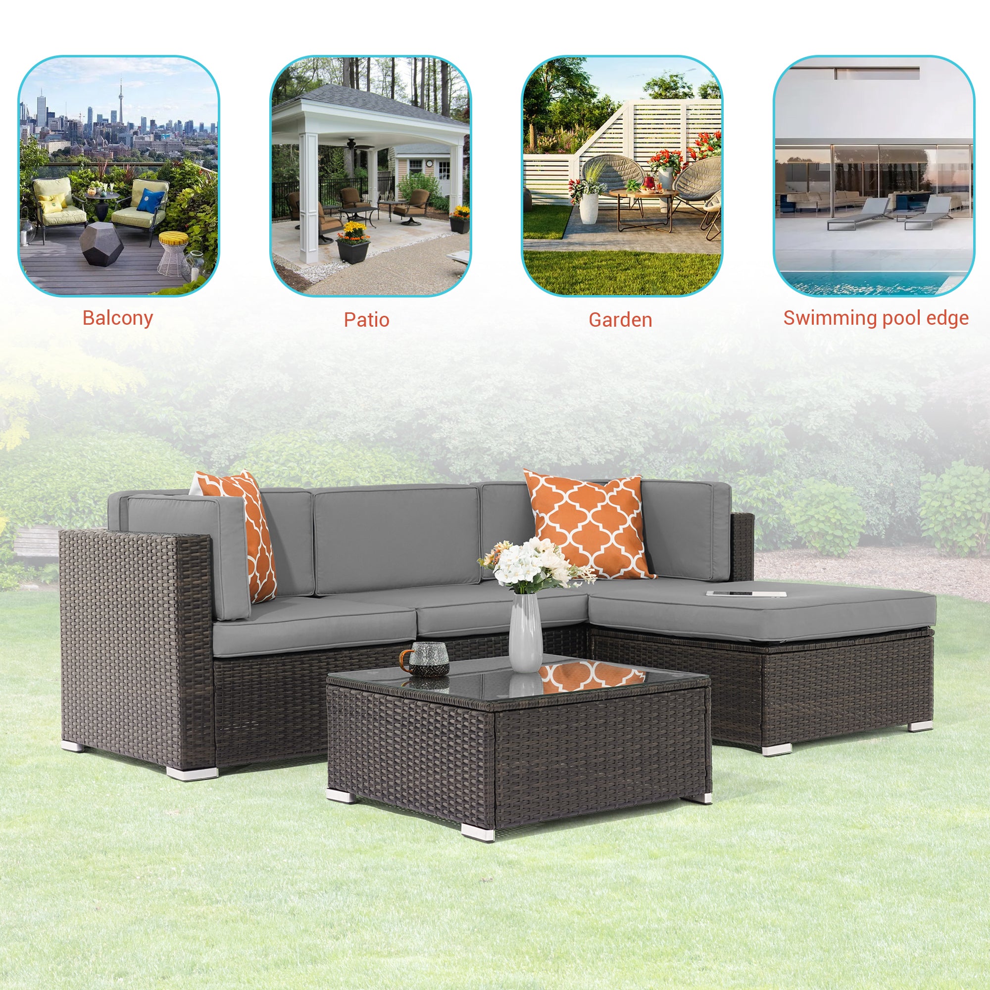 5 Pcs Gray PE Wicker Sectional Sofa Set with Tea Table and Ottoman M232