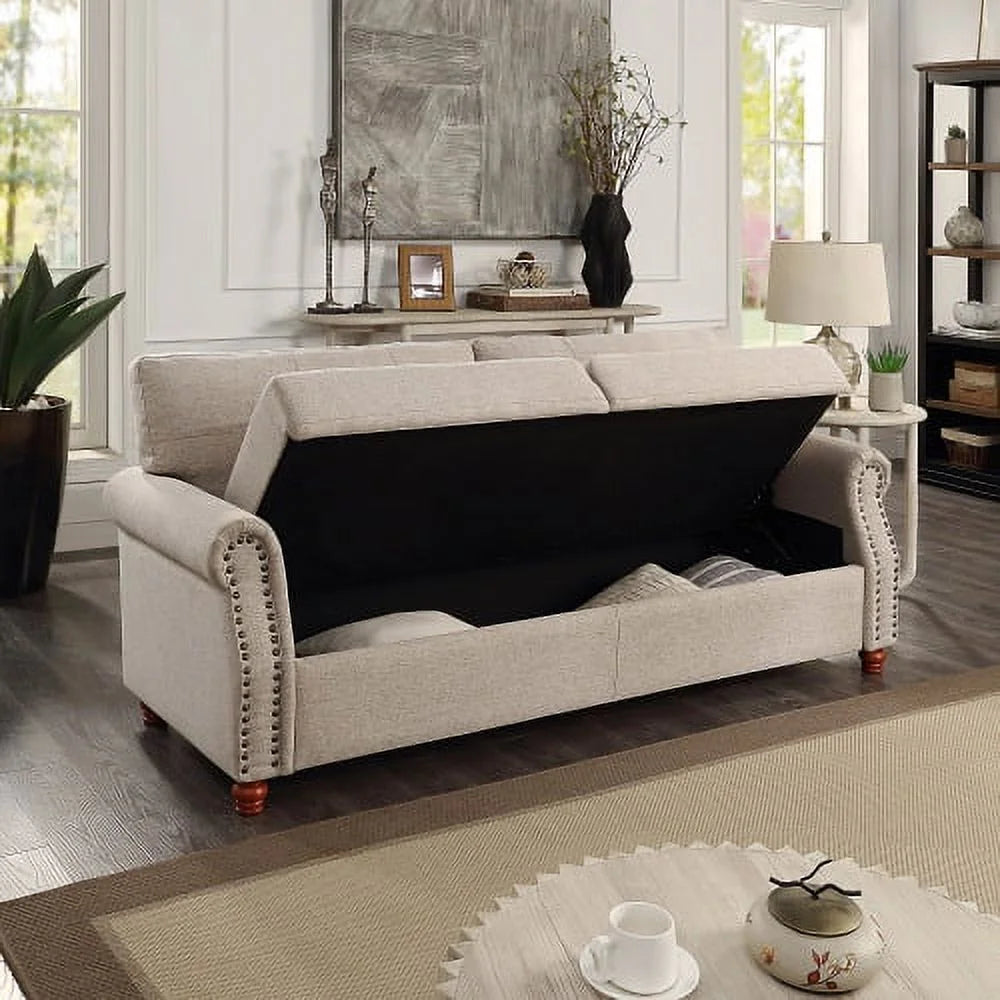 Beige Linen Upholstered Storage Sofa with Tufted Cushions C59978