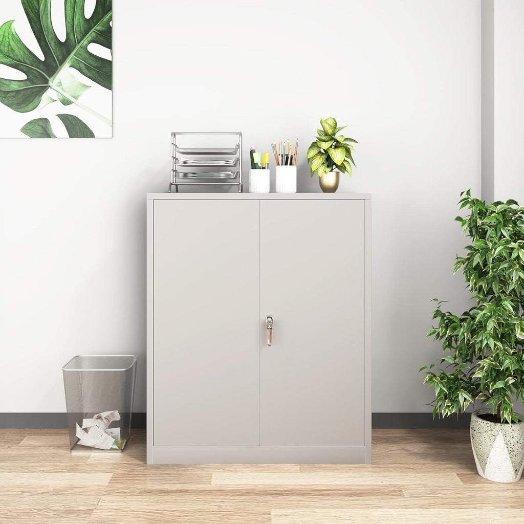 White Metal Storage Cabinet with Doors and 2 Adjustable Shelves O591