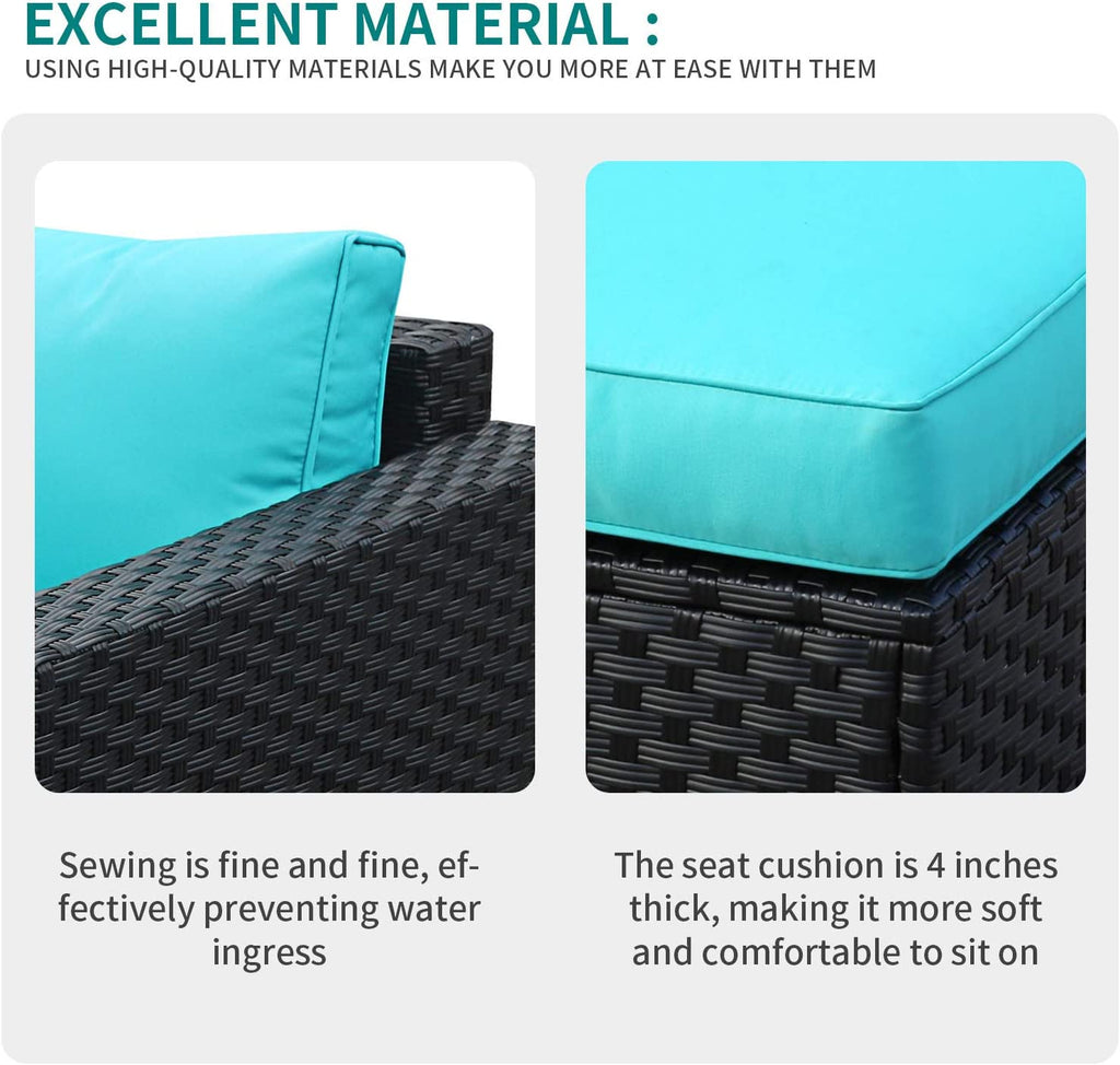 Black Rattan 4 Piece Outdoor Wicker Sectional Sofa with Turquoise Cushions S613