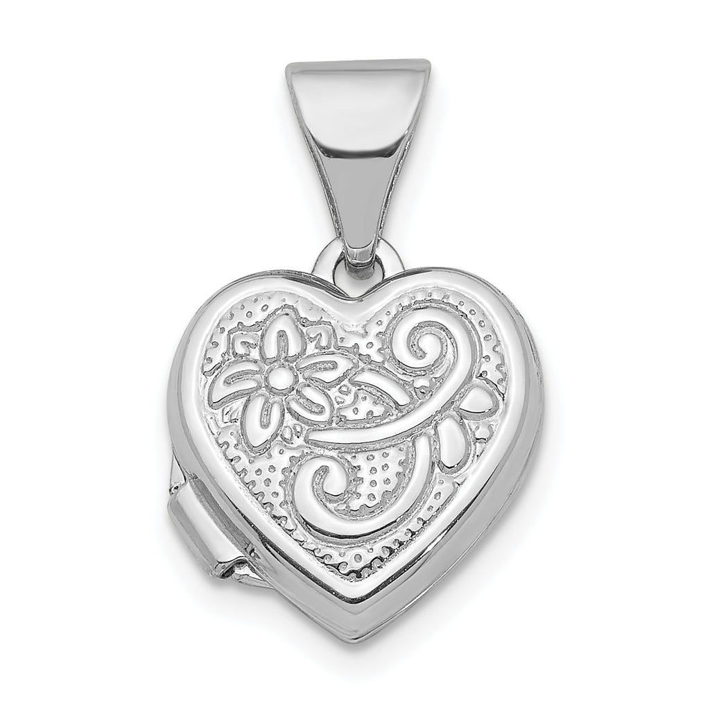 14K White Gold Rhodium Plated Flower Heart Locket Pendant Charm D5222