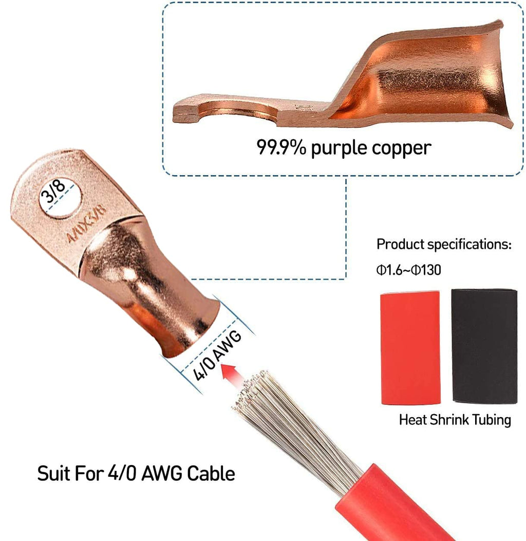 12PCS 1/0x3/8 Copper Ring Terminal Connectors 1/0 AWG Heavy Duty Battery Cable Ends Bare Copper Lugs with 12 PCS 3:1 Heat Shrink Tubing T692807