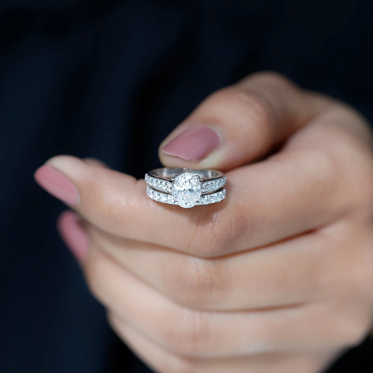Oval Moissanite Bridal Ring Set, 10K White Gold, US 3.50 J310