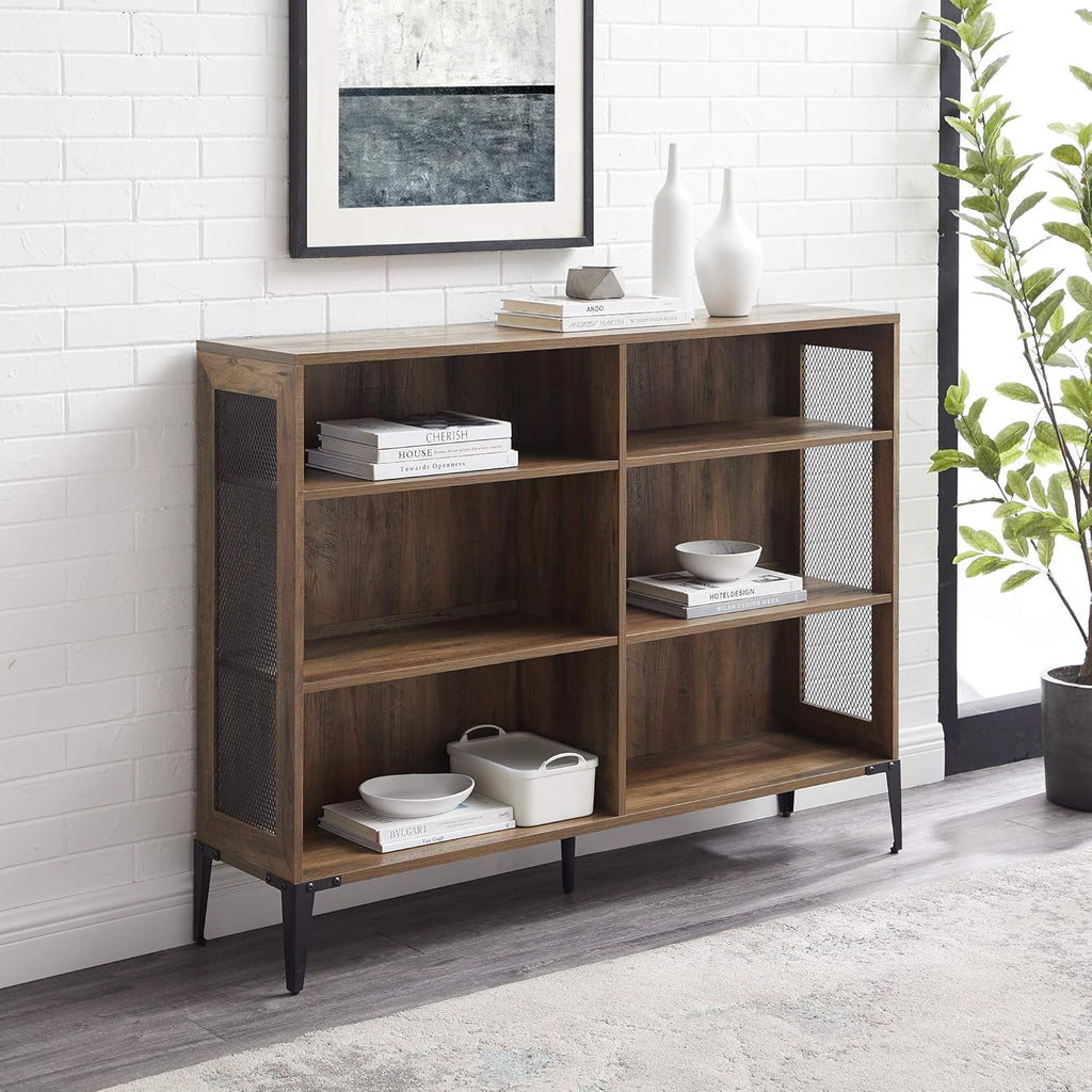 3 Tier Industrial Wood and Metal Mesh Bookcase R821