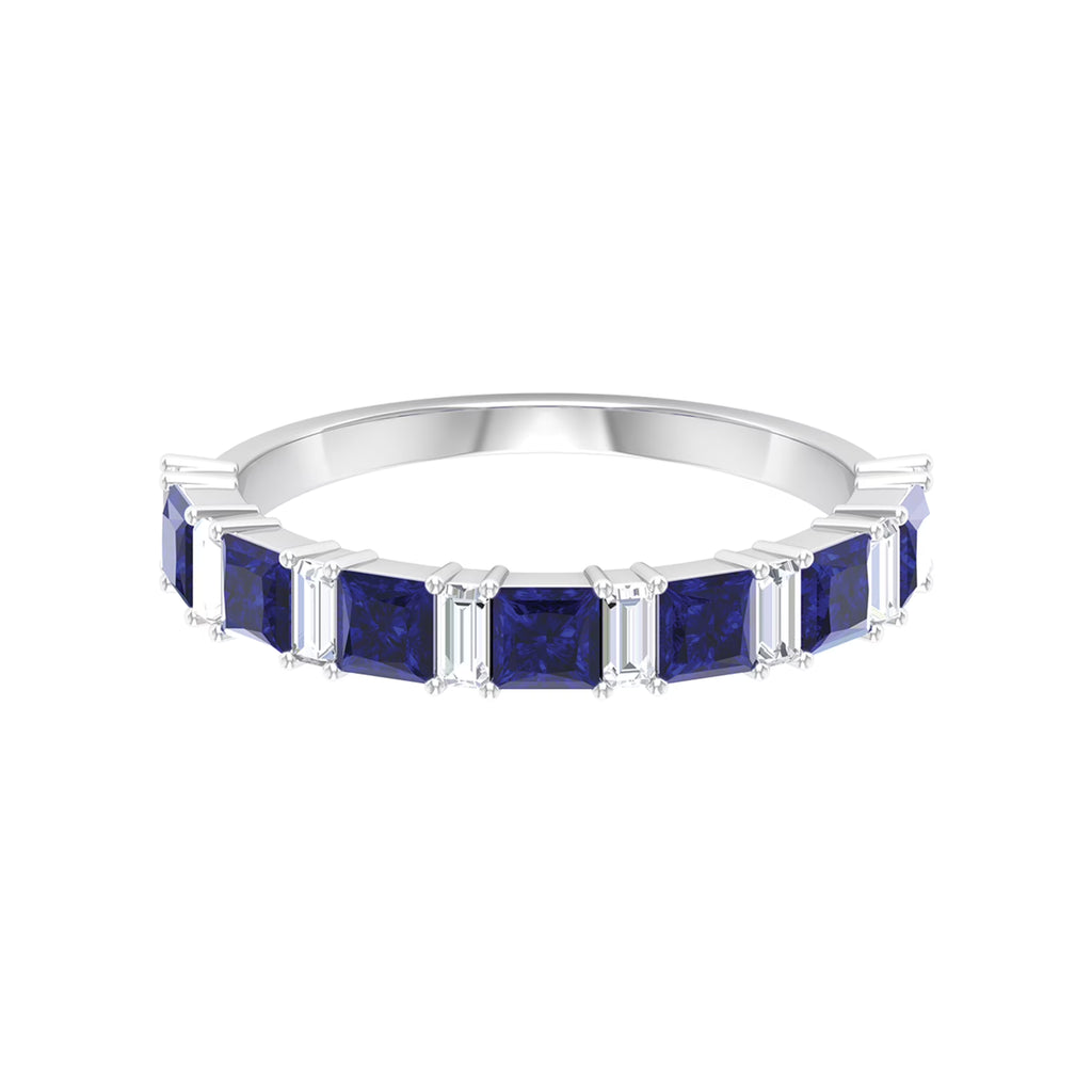 Lab Created Blue Sapphire Half Eternity Ring with Diamond - 2 CT, 14K White Gold, US 6.00 L617