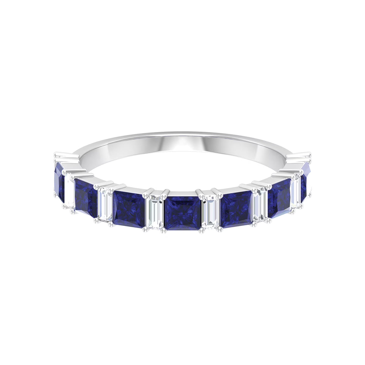 Lab Created Blue Sapphire Half Eternity Ring with Diamond - 2 CT, 14K White Gold, US 6.00 L617