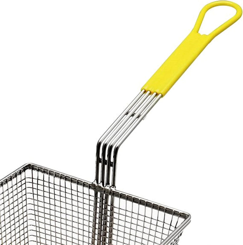 17" x 8" x 5-3/4" Rectangular Deep Fry Basket with Hook Heavy Duty Nickel Plated Iron with Yellow Coated Handle H956648