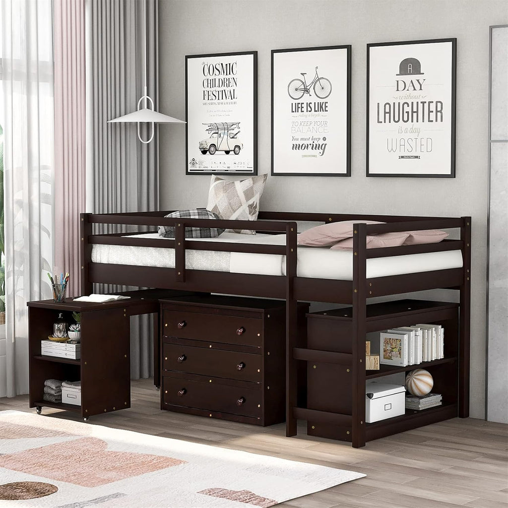 Espresso Wood Twin Low Loft Bed Frame with Storage Drawers D589285