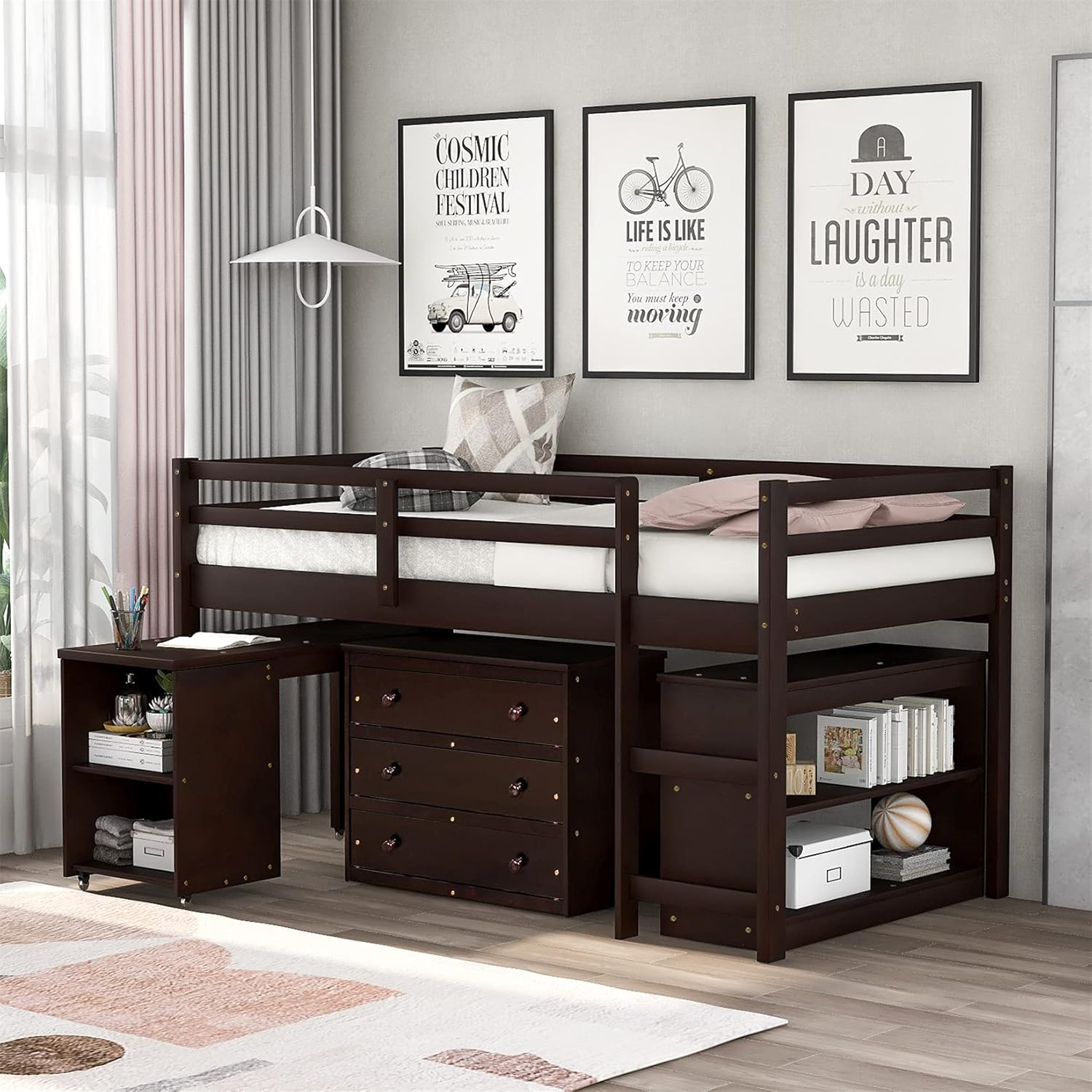 Espresso Wood Twin Low Loft Bed Frame with Storage Drawers D589285