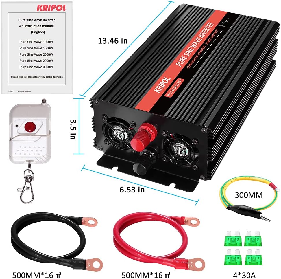 1000 Watt Pure Sine Wave Inverter 12v DC to 110/120v AC with 4 AC and USB Output M17490