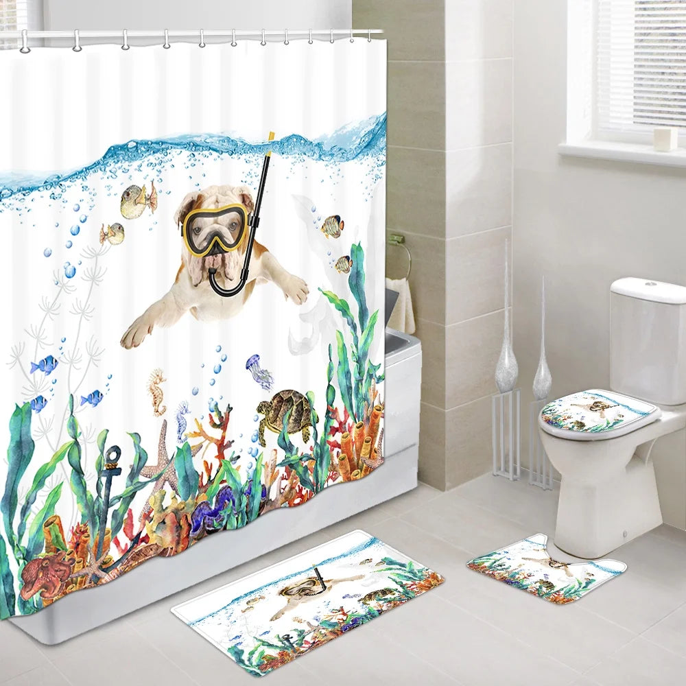 Funny Diving English Bulldog Shower Curtain Set with Hooks 69 x 70Inch, Bathroom Sets with Shower Curtain and Rugs, Toilet Lid Cover and Bath Mat B963