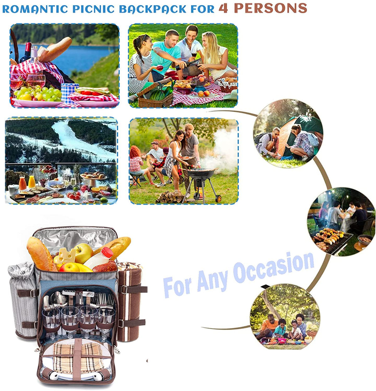 Picnic Backpack Set for 4 Person with Cooler Compartment, Fleece Blanket, Plates and Cutlery Set（Grey） P39475