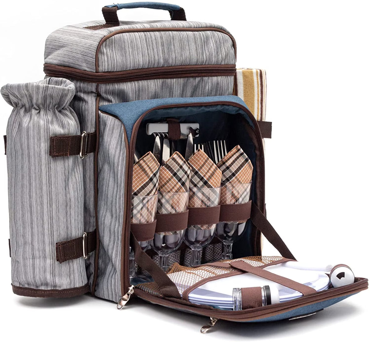 Picnic Backpack Set for 4 Person with Cooler Compartment, Fleece Blanket, Plates and Cutlery Set（Grey） P39475