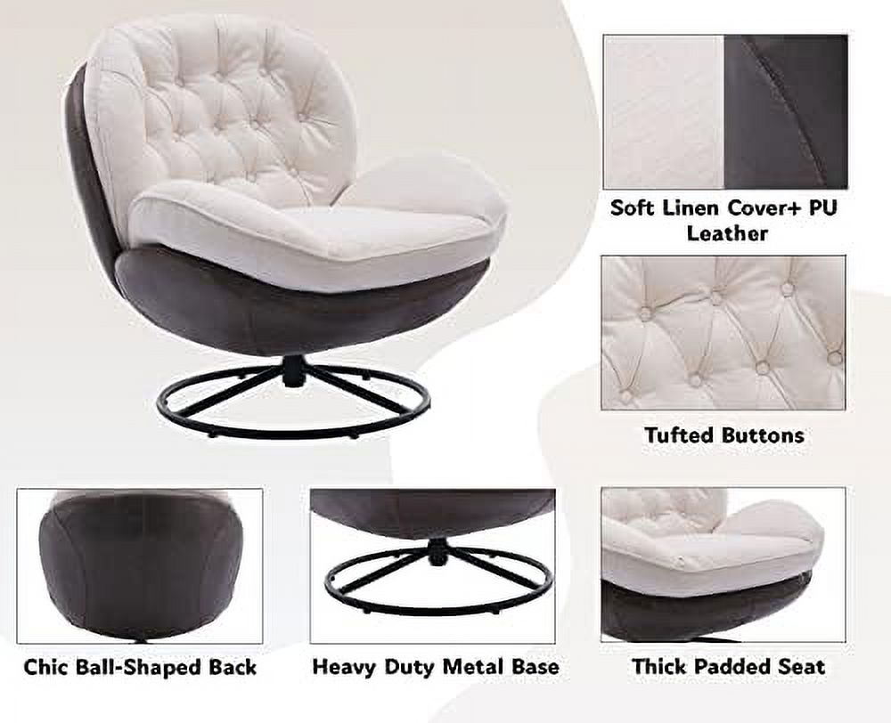 White Linen Swivel Arm Chair with Ottoman F24176