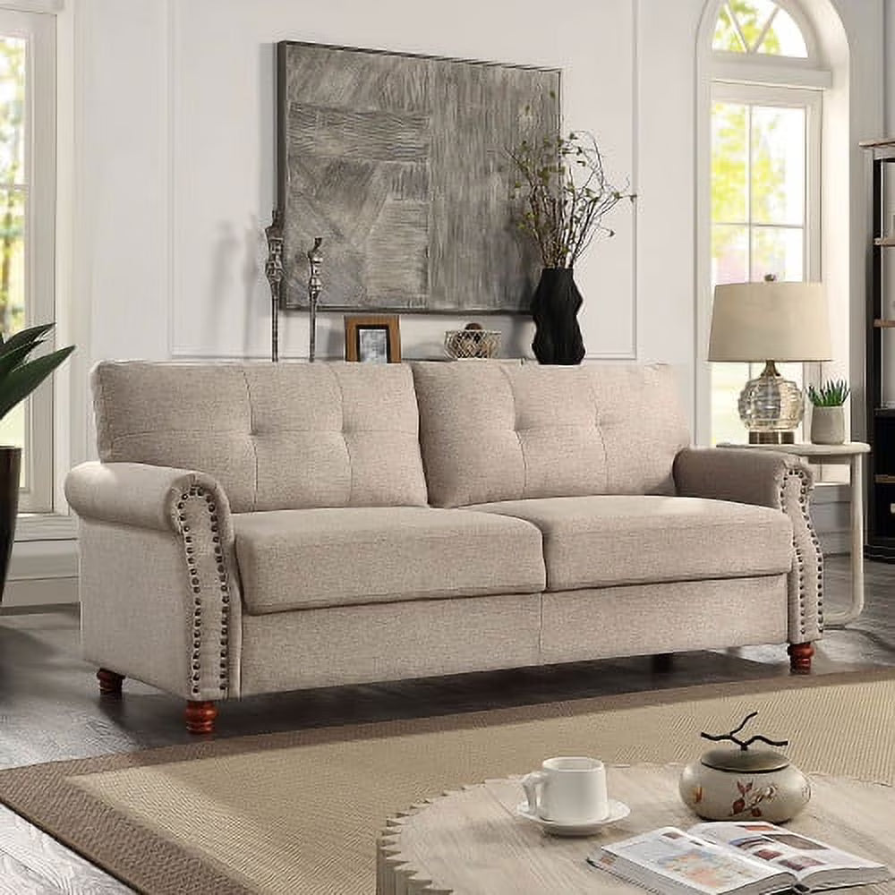 Beige Linen Upholstered Storage Sofa with Tufted Cushions C59978