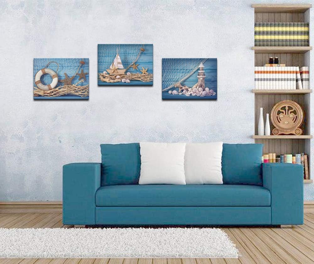 3 Piece Beach Canvas Wall Art Seashell Startfish with Blue Board Picture Prints Maritime Sailing Boat Lighthouse Poster Painting Y87879
