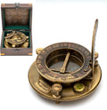 Antique Look Brass Sundial Compass with Wooden Box, Pack of 2 D377