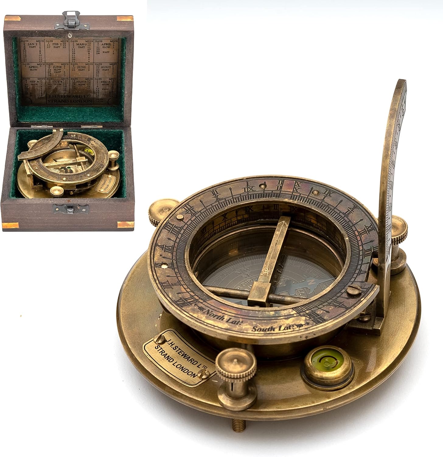 Antique Look Brass Sundial Compass with Wooden Box, Pack of 2 D377
