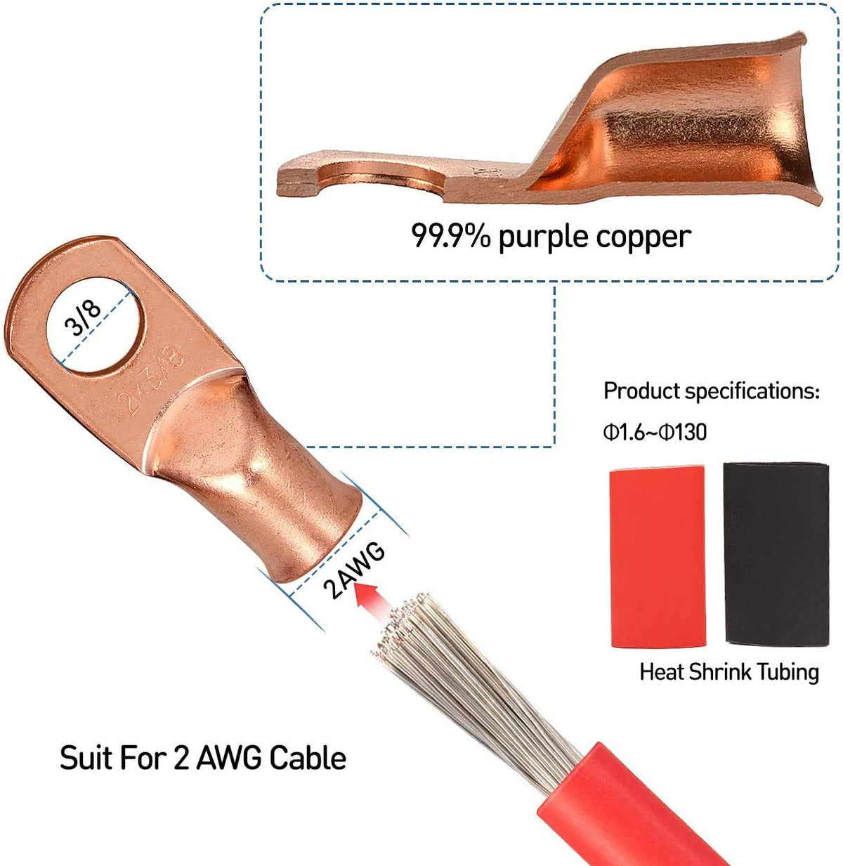 12PCS 1/0x3/8 Copper Ring Terminal Connectors 1/0 AWG Heavy Duty Battery Cable Ends Bare Copper Lugs with 12 PCS 3:1 Heat Shrink Tubing T692807
