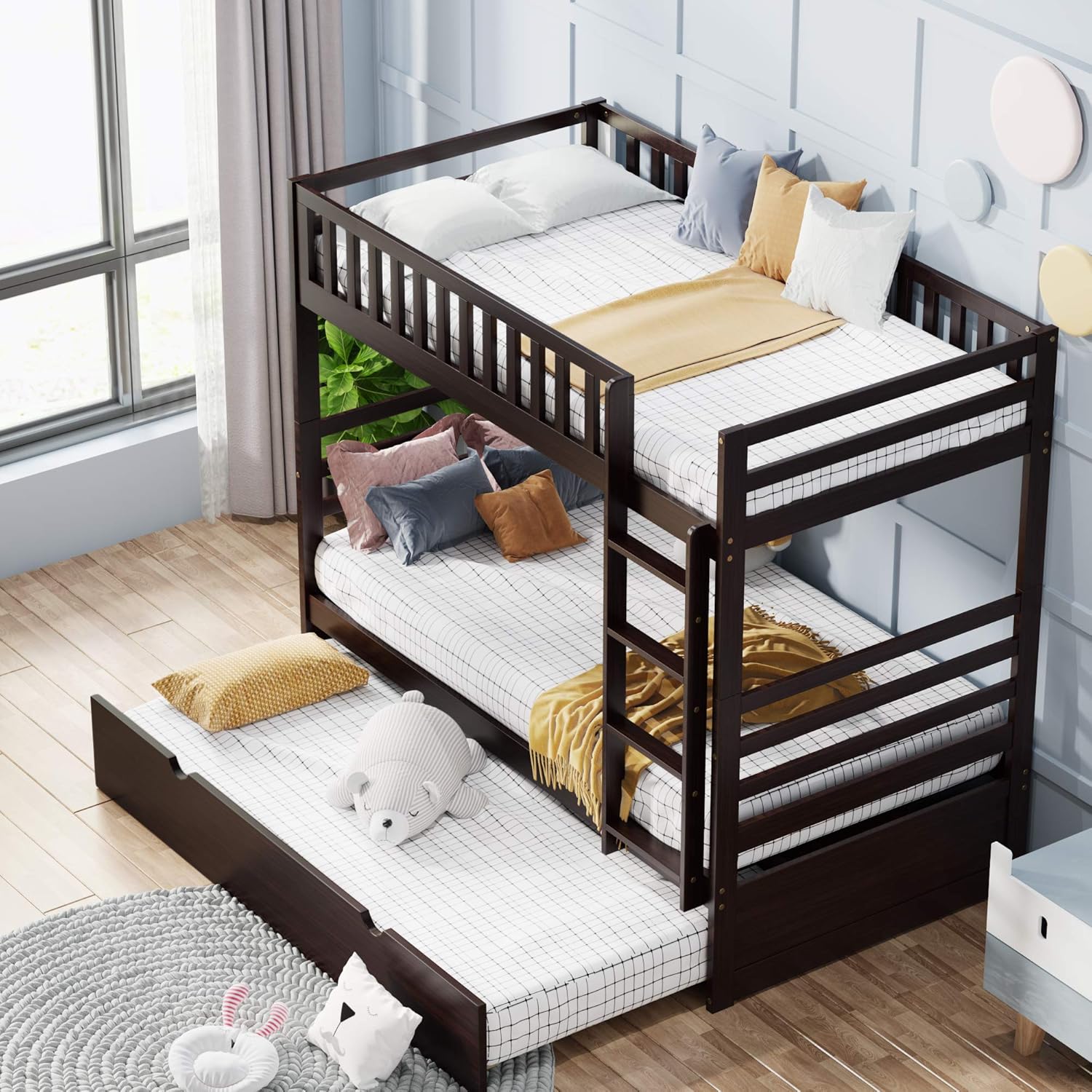 Twin Floor Loft Bed with Slide and Storage Staircase, Grey P9630