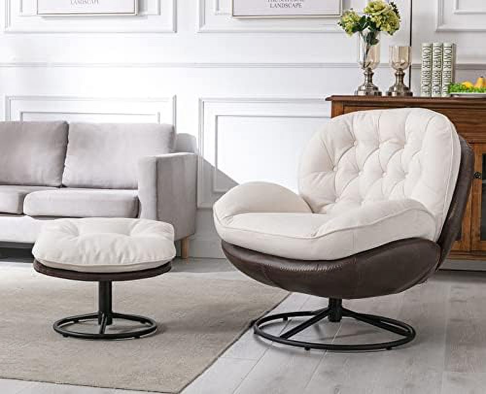White Linen Swivel Arm Chair with Ottoman F24176