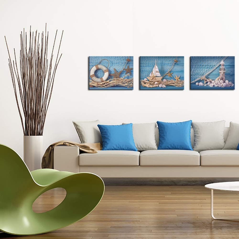 3 Piece Beach Canvas Wall Art Seashell Startfish with Blue Board Picture Prints Maritime Sailing Boat Lighthouse Poster Painting Y87879