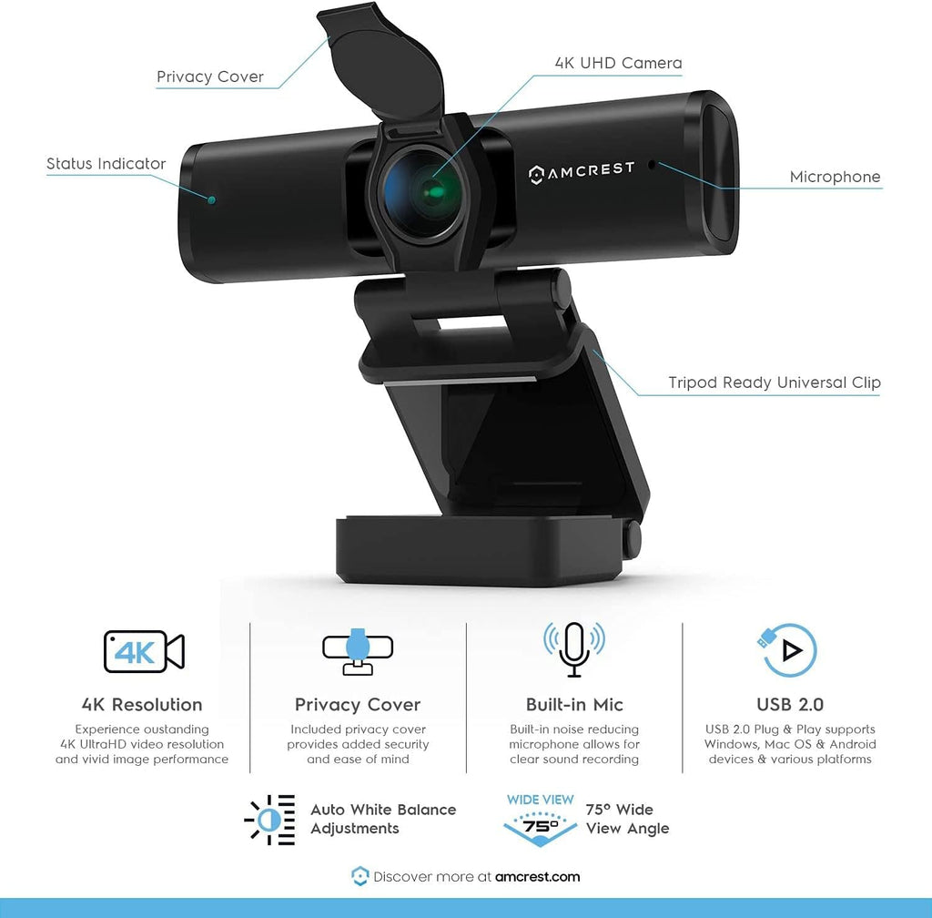 4K Webcam with Microphone & Privacy Cover, USB Camera, Wide Angle Lens U438717