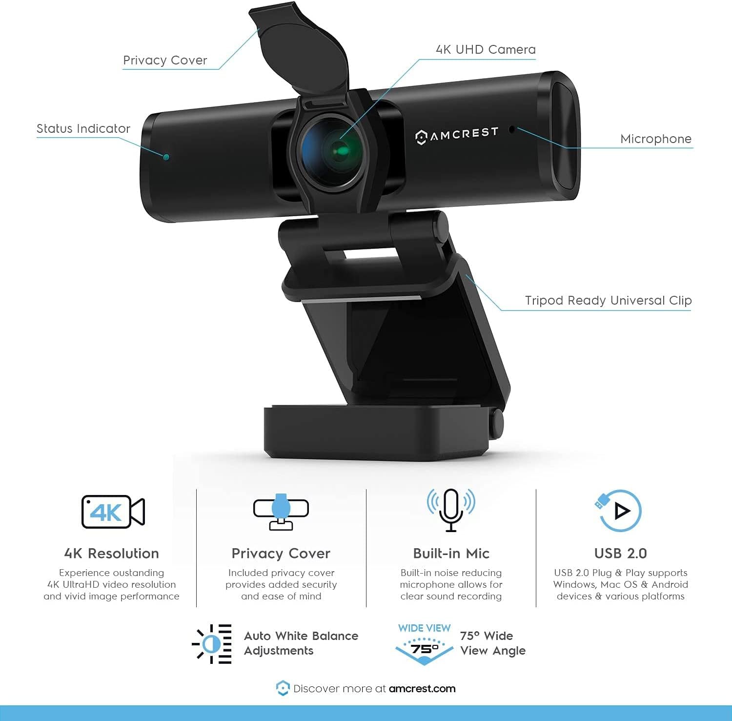4K Webcam with Microphone & Privacy Cover, USB Camera, Wide Angle Lens U438717