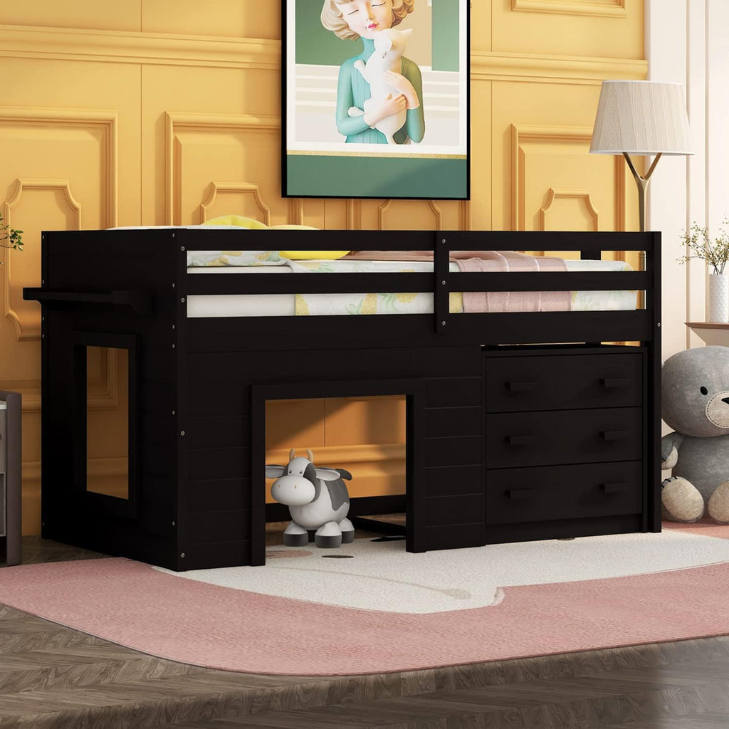 Espresso Wood Twin Low Loft Bed Frame with Storage Drawers D589285