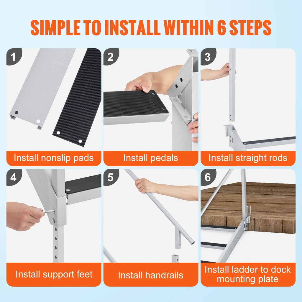 Aluminum Dock Ladder 43-51in Height Adjustable 6 Steps V6356