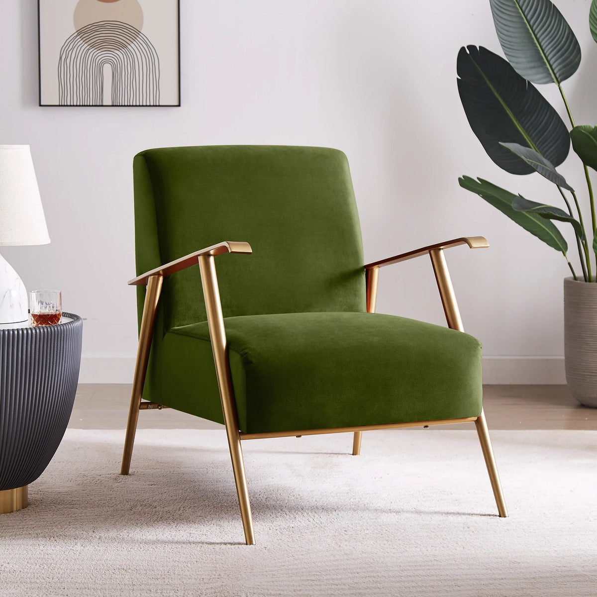 Olive Velvet Armchair with Gold Frame N644960
