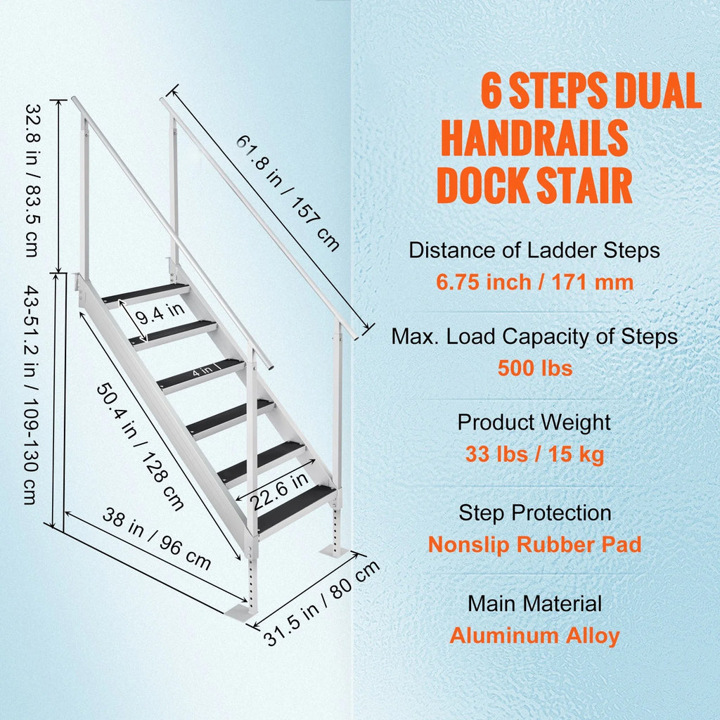 Aluminum Dock Ladder 43-51in Height Adjustable 6 Steps V6356