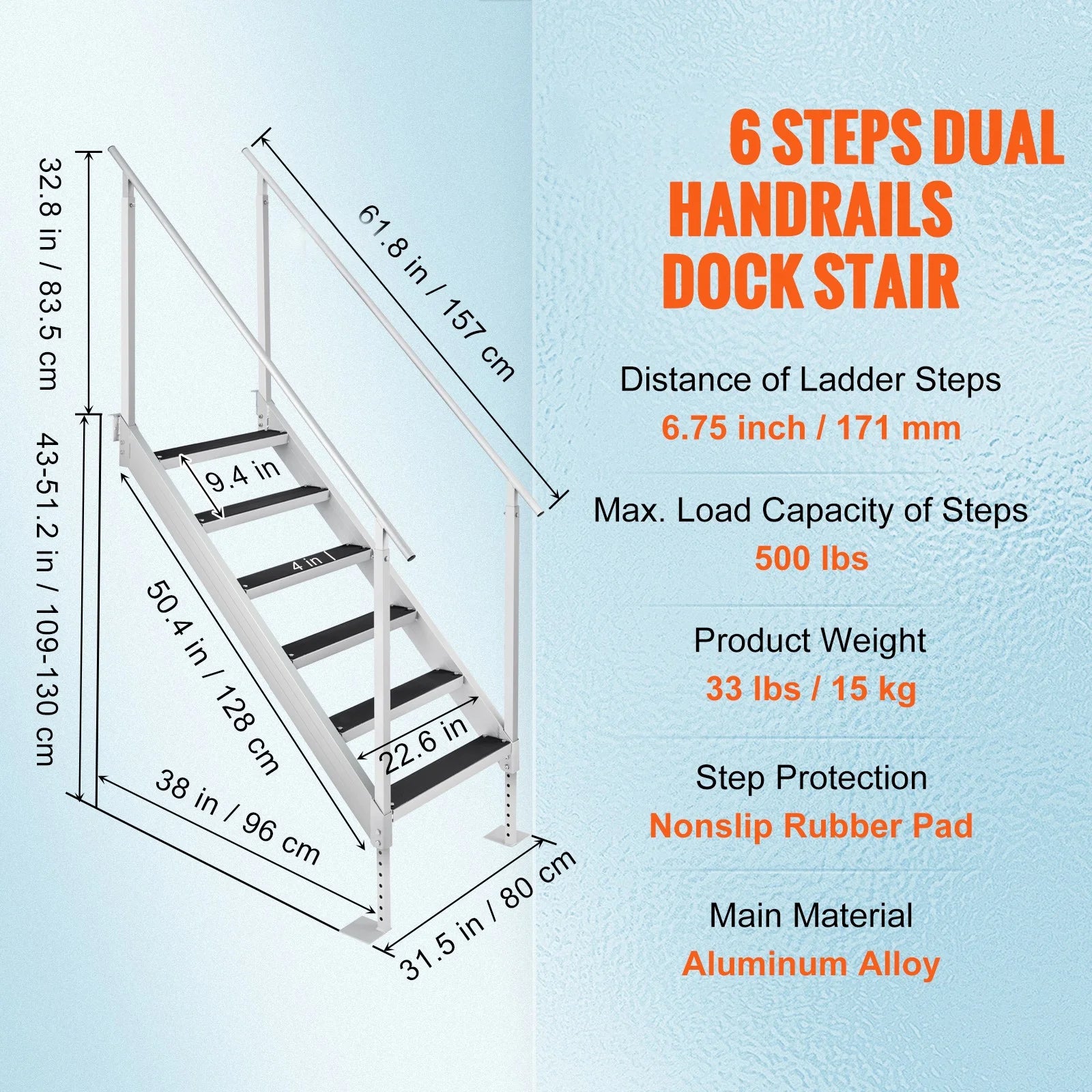 Aluminum Dock Ladder 43-51in Height Adjustable 6 Steps V6356