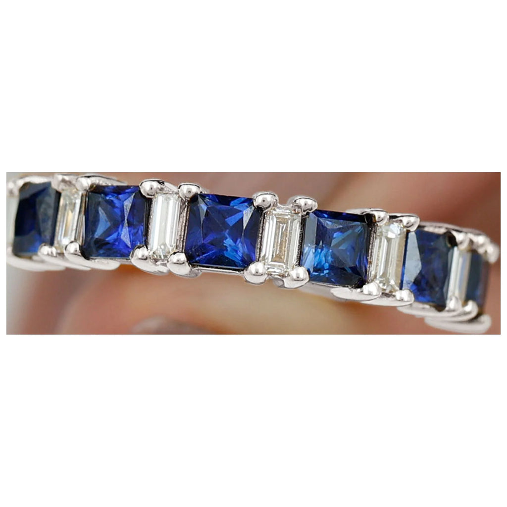 Lab Created Blue Sapphire Half Eternity Ring with Diamond - 2 CT, 14K White Gold, US 6.00 L617