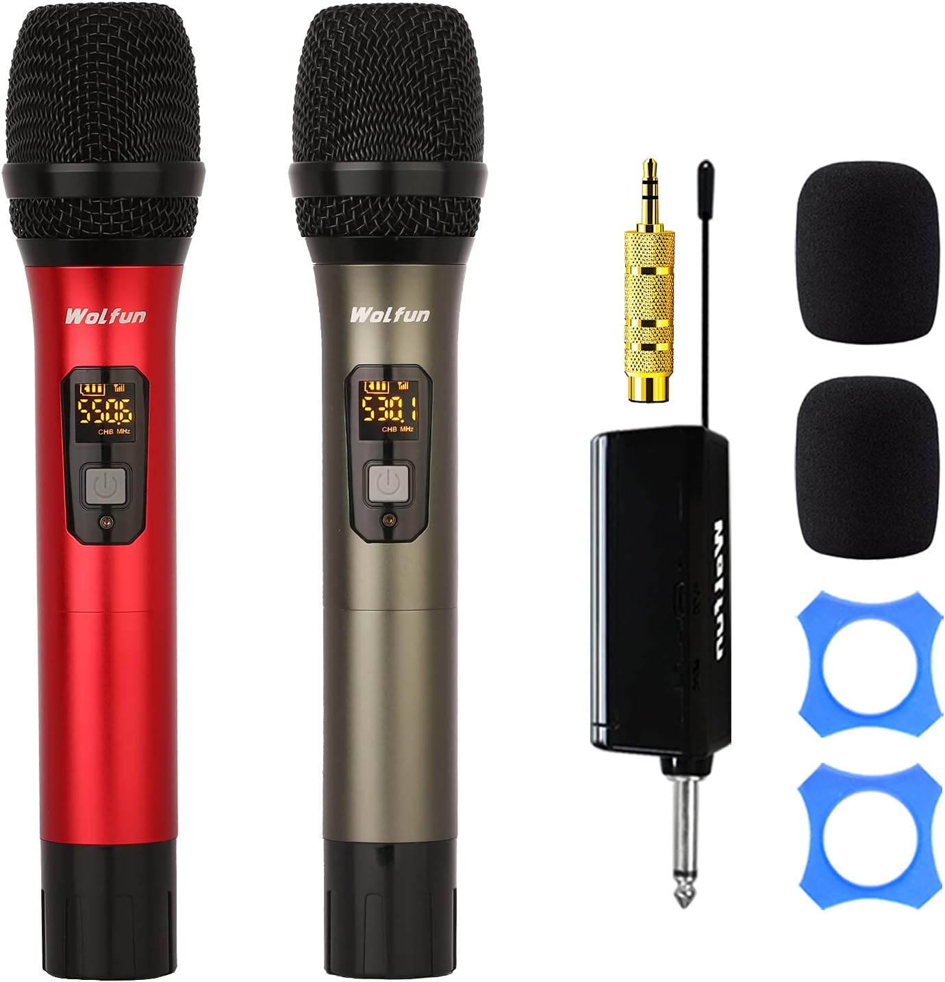 Wireless UHF Dual Metal Handheld Dynamic Microphone System with Rechargeable Receiver, Red and Gray, Pack of 2 Y934